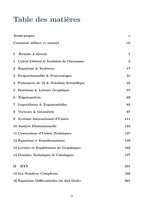 Sommaire du manuel — Mathématiques BTS, édition élève